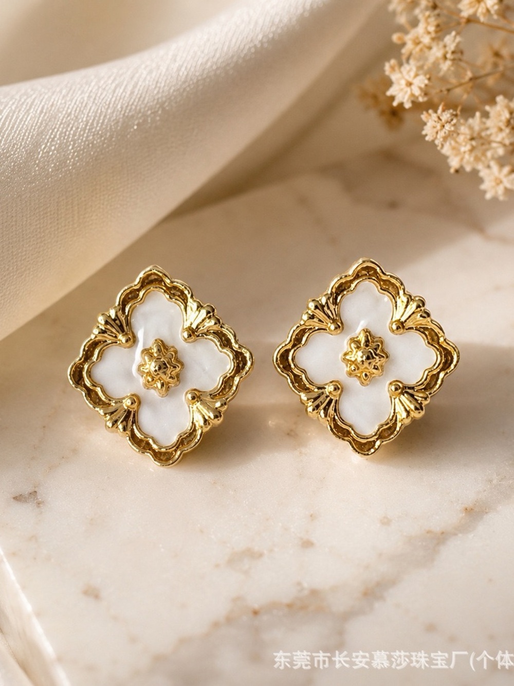 Stainless Steel in Gold & White Floral Filigree Stud Earrings.